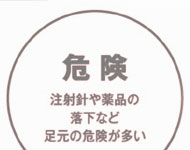 危険
注射針や薬品の落下など、足元への危険が多い