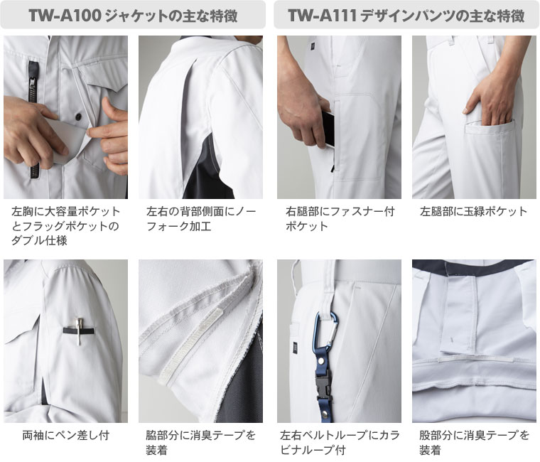 《TW-A100 ジャケットの主な特徴》【1】左胸に大容量ポケットとフラッグポケットのダブル仕様、【2】左右の背部側面にノーフォーク加工、【3】両袖にペン差し付、【4】脇部分に消臭テープを装着
《TW-A111 デザインパンツの主な特徴》【1】右腿部にファスナー付ポケット、【2】左腿部に玉緑ポケット、【3】左右ベルトループにカラビナループ付、【4】股部分に消臭テープを装着