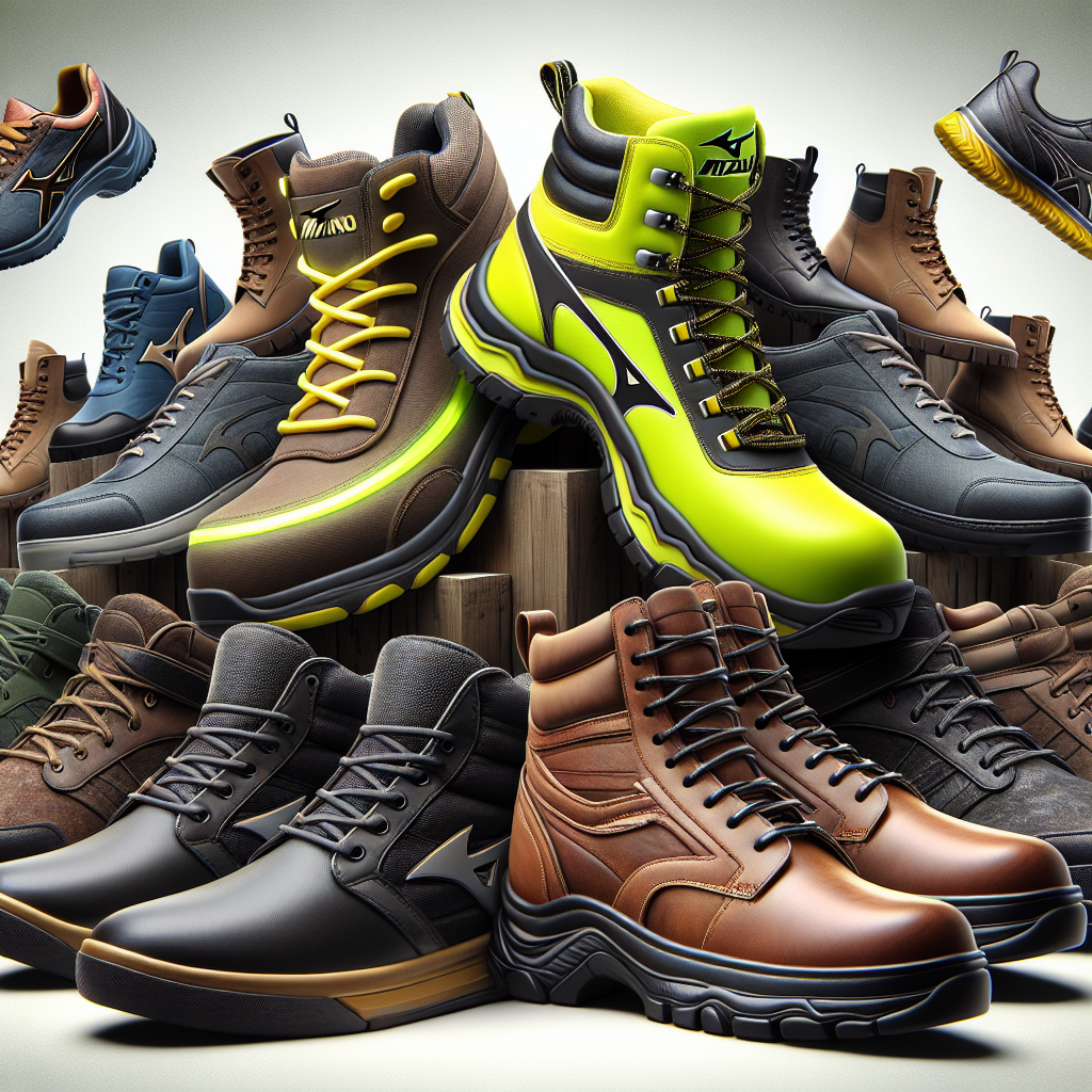 Collection of various Mizuno safety shoes displayed together