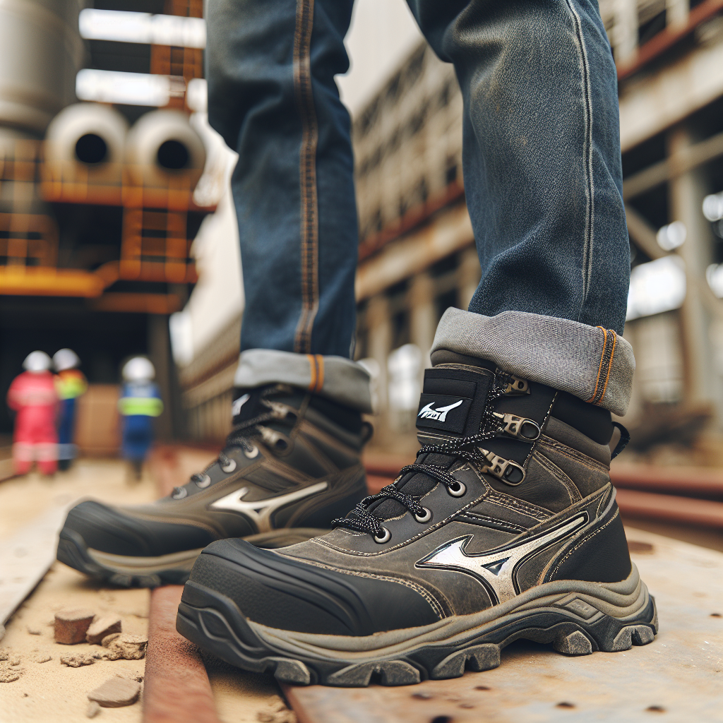 Close-up of a worker wearing Mizuno safety shoes in a workplace setting